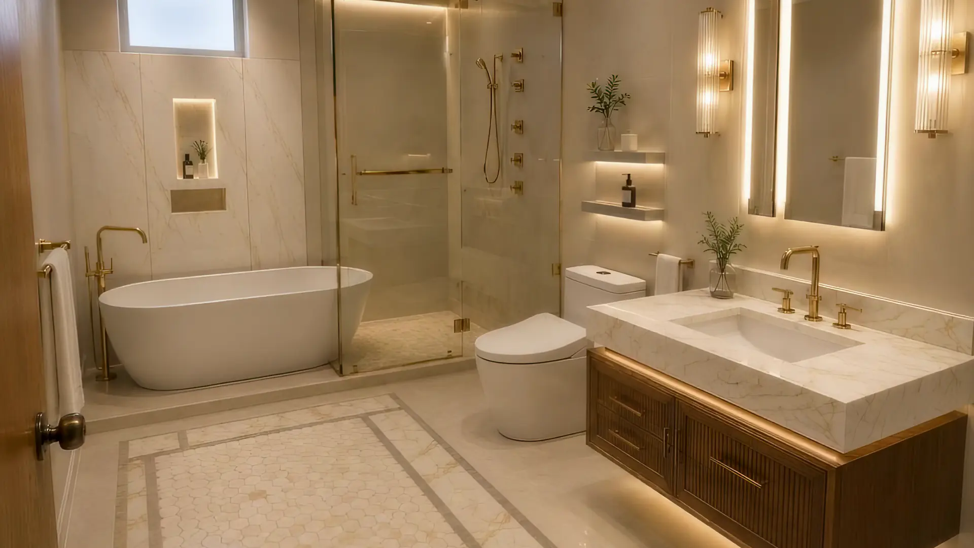Finished luxury spa bathroom by Avila Tile & Flooring, with a freestanding tub, walk-in glass shower, marble walls, and a floating walnut vanity