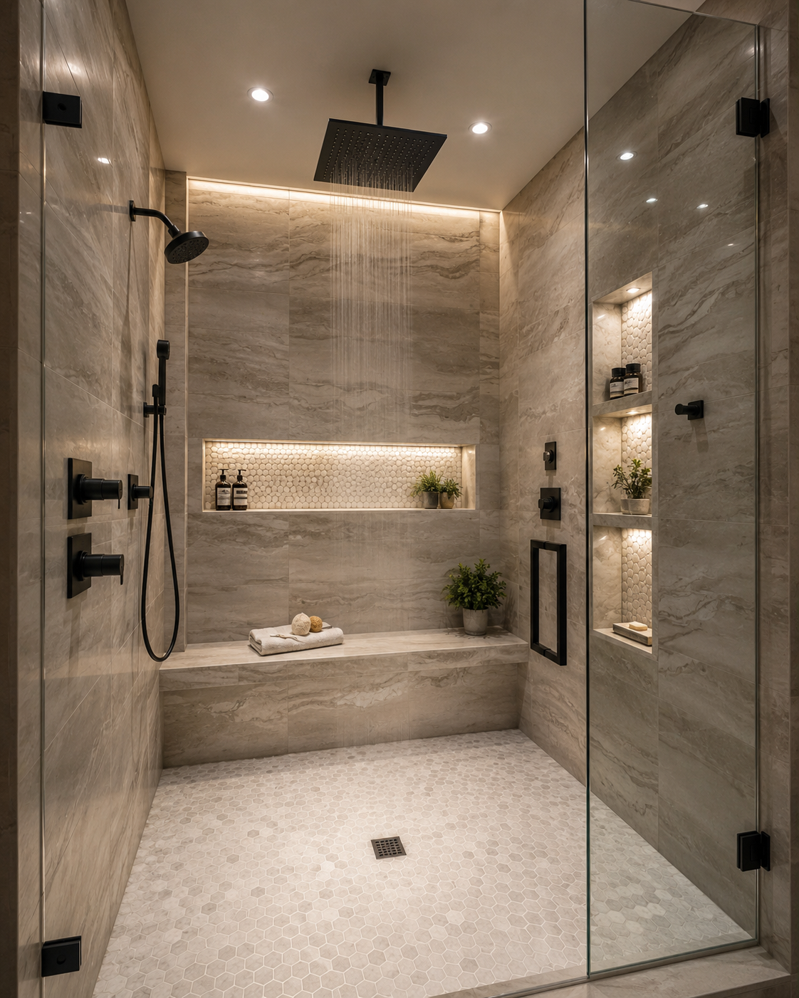 Luxury walk-in tiled shower with marble-look walls, built by Avila